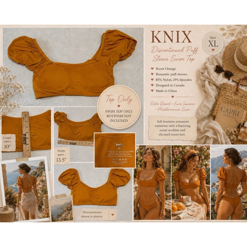 Knix XL Discontinued Puff Sleeve Bikini Top Burnt Orange Resort Swim Retro